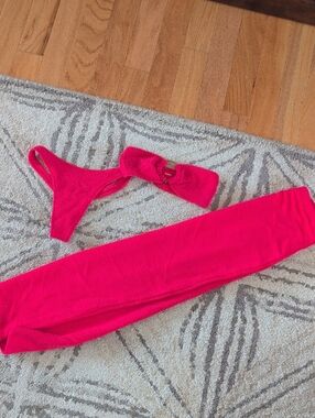 Hot Pink Two-Piece Knit Set - Bandeau Top & High-Waist Bottoms